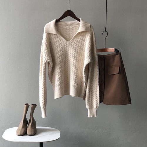 言双polo翻领毛衣女2021秋冬新款韩版v领宽松慵懒风针织上衣lx06