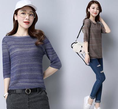 【夏季短款镂空薄款针织衫女套头大码宽松空调衫中袖T恤上衣蝙蝠衫】价格_厂家_图片 -